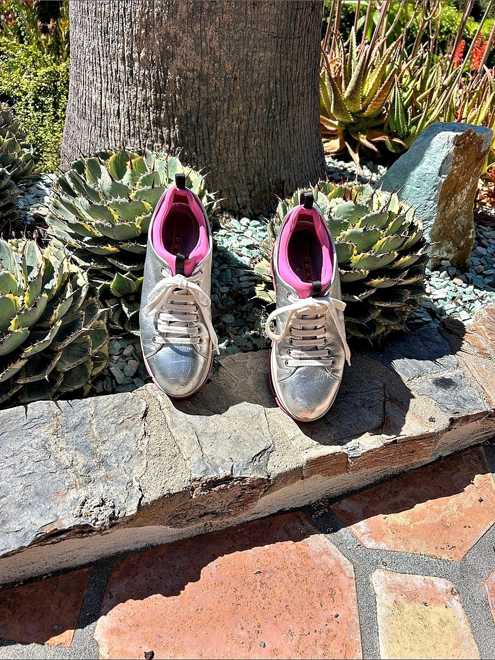 Prada Silver & Pink Platform Sneakers